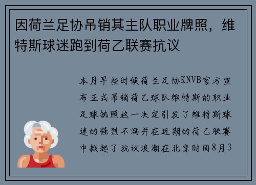 因荷兰足协吊销其主队职业牌照，维特斯球迷跑到荷乙联赛抗议